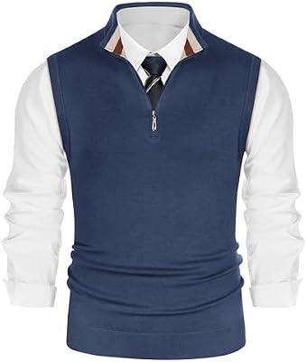 PJ Paul Jones Men's Sweater Vest – Sleeveless Quarter‑Zip Knit Pullover in Grey/Blue, Size XL
