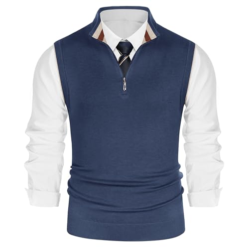 PJ Paul Jones Men's Sweater Vest – Sleeveless Quarter‑Zip Knit Pullover in Grey/Blue, Size XL