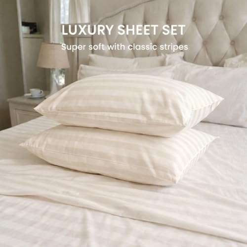 Image of Cott Linen Flat Bed Sheet with 2 Pillow Covers 600 Thread Count 100% Egyptian Cotton Bedsheet Double Size Beige Stripe Sheet