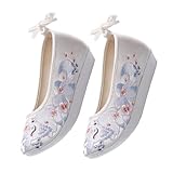 TOPPERFUN Zapatos Estilo Chino Bordados para Mujer con Gruesa de Seda Diseño Étnico Antiguo Cómodos y Antideslizantes para Actuaciones y Festivales Talla Color Blanco