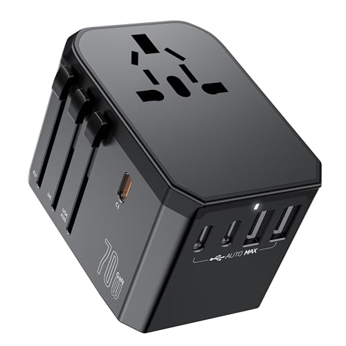 RoRoSkin 70W Adaptador Enchufe Universal, Enchufe Universal Viaje con 3USB-C,2USB-A y 1CA,Adaptador Internacional para Alemania EE.UU. Reino Unido Francia España Japón Italia AUS más de 200 países