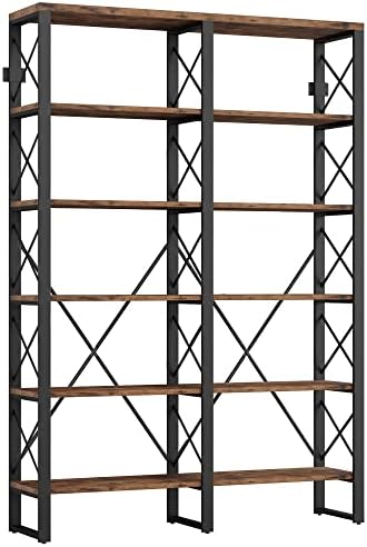IRONCK Bookshelf Double Wide 6-Tier 76" H, Open Large Bookcase, Industrial Style Shelves, Wood and Metal Bookshelves for Home Office, Easy Assembly