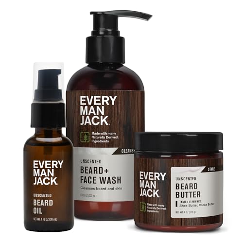 Every Man Jack Unscented Beard Bundle - Fragrance Free for Sensitive Skin - Contains (1) each of Beard & Face Wash, Beard Butter, and Beard Oil