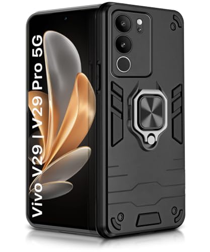 Image of WOW IMAGINE Shock Proof Back Case Mobile Cover for Vivo V29 | V29 Pro 5G (Tough Armor | Hybrid PC + TPU | Full Protection with Ring Holder & in-Built Kickstand | Black)