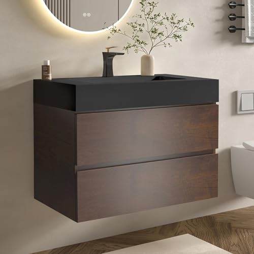 BLUHOUZZ Pre-Assembled 30" Floating Bathroom Vanity with Black Sink Walnut