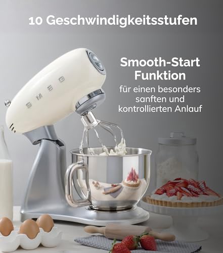 Smeg, SMF02CREU Küchenmaschine, 10 Geschwindigkeitsstufen, Planetenrührwerk, Sicherheitsabschaltung, 2 Rührbesen, Kugelgriff aus Edelstahl… – Ansicht 3