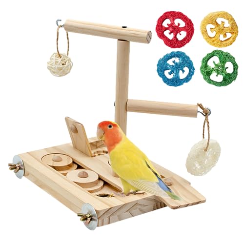 BingegePet Interactive Wooden Bird Foraging Toy – Cage-Mounted Puzzle Feeder with Sliding Locks, Loofah & Vine Ball for Budgies, Cockatiels, Conures & Small Parrots