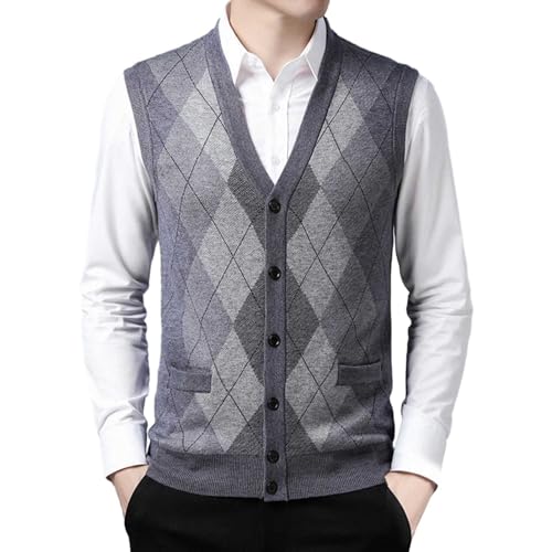 Men's Argyle Sweater Vest Sleeveless V-Neck Slim Fit Color Block Sweaters Vests Winter Warm Button Up Vests