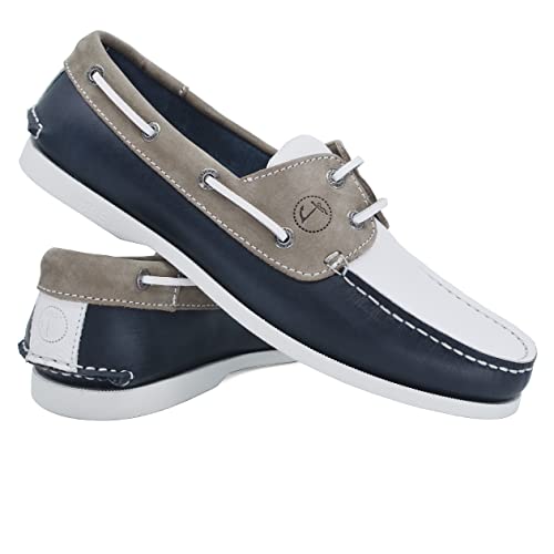 Seajure Men’s Boat Shoes Vendicari Navy Blue, White and Camel Leather and Nubuck