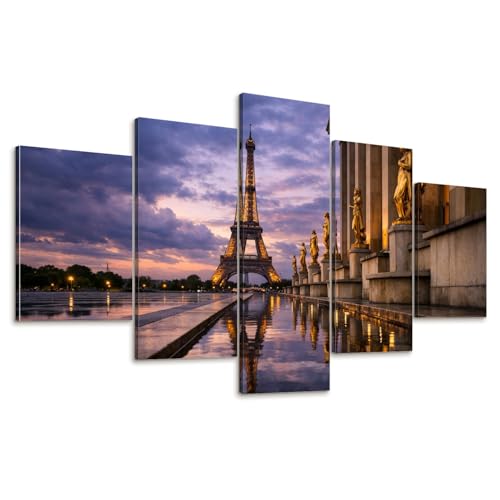 5 Pcs Canvas Wall Art Eiffel Tower Dusk Golden Statues Reflecting Pool Photo Prints Realism Stretched and Framed Artworks Modern Wall Decor for Living Room Bedroom Office
