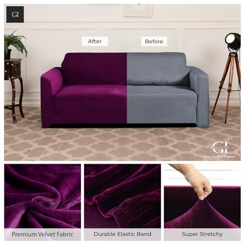 Image of Gifts Island Premium Velvet Sofa Cover 3 Seater and 2 Seater Fully Covered Universal 5 Seater Sofa Cover Non-Slip Sticky Elastic Stretchable Slipcover (Velvet Wine)