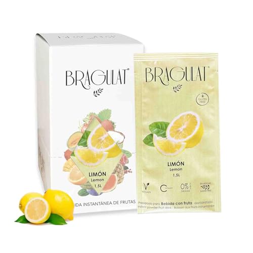 BRAGULAT/Saborizantes de agua Sin Azucar, con fruta deshidratada, Vitamina C y B12, colorantes y sabores naturales | Agua con Sabor a Frutas(15 Sobres, Limón)