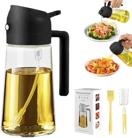 Oil Dispenser for Kitchen, 2 in 1 Olive Oil Sprayer, Olive Oil Dispenser Spray Bottle with Brush, Oil Sprayer for Cooking for Air Fryer, Barbecue, Salad 16oz/470ml (Black)