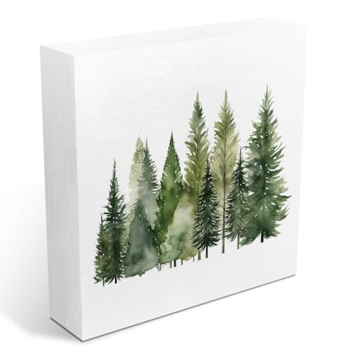 Tree Decorations Rustic Wooden Box Sign, Watercolor Tree Holiday Christmas Farmhouse Home Bathroom Decor, Vintage Wood Block Plaque for Office Kitchen Shelf Desk Table Tiered Tray Christmas Decor