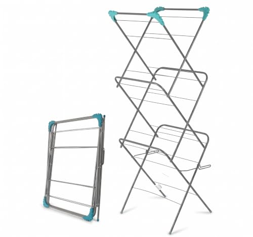 REQUISITE NEEDS 3-Tier Clothes Airer Indoor Clothes Drying Rack with 14 m Washing Line Silver