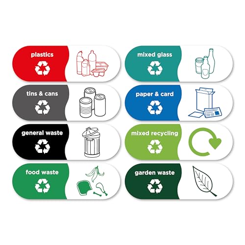 8X Recycling & General Waste Bins Stickers Self Adhesive Vinyl 150 × 50 mm Waterproof Waste Decals Removable Mixed Recycling Signs for Outdoor Kitchen Pack of 8 Trash Garbage Can Stickers White
