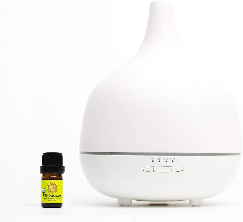 Ceramic Essential Oil Diffuser, 300ml White Handcrafted Stone Ultrasonic Aromatherapy Diffuser – Optional White Light | Includes Organic Lemongrass Essential Oil