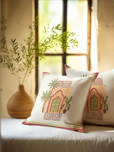 Image of Marudhyan Hand Block Printed Cushion Cover Set | Cushions Cover for Home & Office | 100% Cotton Fabric | Size - 16 x 16 Inches | Pack of 2 Cushion Covers | Color - White