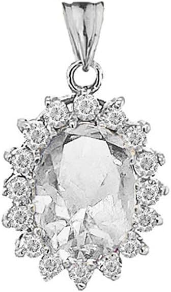 Personalized Oval Birthstone and Halo Cubic Zirconia Fancy Charm Pendant in 14k White Gold