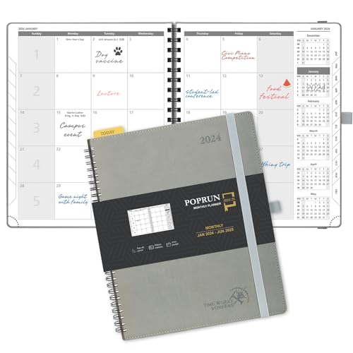 POPRUN Monthly Planner 2024-2025 with Tabs 26.5x21.5cm (18-Month: Jan'24 - Jun'25) Month to View only Diary, Spiral PU Leather Softcover, Sunday Start (Grey)