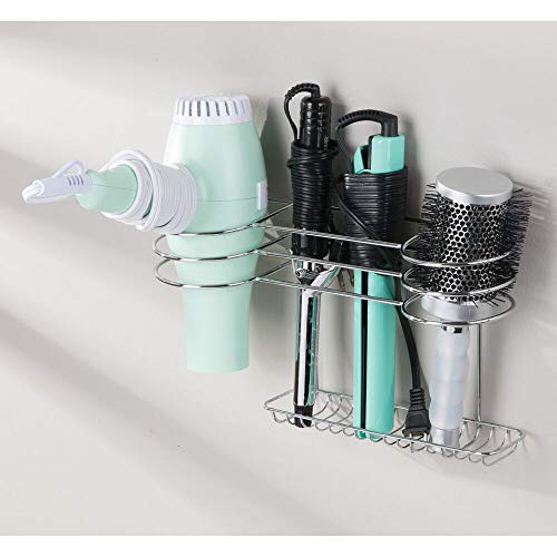 mDesign Bathroom Wall Mount Metal Hair Care & Styling Tool Organizer Storage Basket for Hair Dryer, Flat Iron, Curling Wand, Hair Straighteners, Brushes - Steel Wire - Chrome