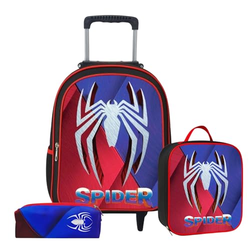 Kit Mochila de Rodinha Escolar Infantil Menina e Menino + Lancheira + Estojo Grande Box Necessaire (Aranha 5)