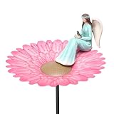 Metal Bird Bath for Outside, 31 Inch Height Freestanding Birdbaths Small Hummingbird Feeder with Resin Angel Statue for Outdoors Garden Patio Yard Lawn Decor, Pink
