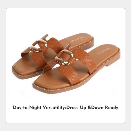Image of Women's Flat Sandals with Metal Chain Studs-Summer 2025 Comfortable Casual Dressy Slides(Brown,8)