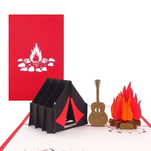 Foto von Pop Up Karte Camping - Zelt am Lagerfeuer & Gitarre – 3D Geburtstagskarte Pfadfinder, Zelten & Camping als Einladung & Gutschein