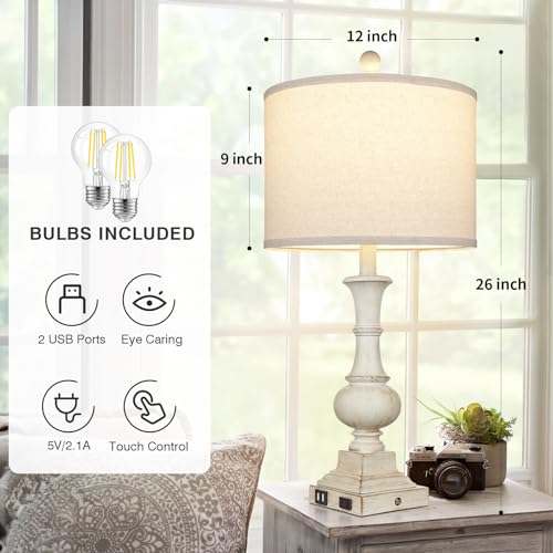 Cinkeda 26 Inch Farmhouse Table Lamps Set Of 2, Rustic Touch Control Bedside Lamps With 2 Usb Ports & Ac Outlet, Vintage White Resin 3-Way Dimmable Nightstand Lamp Linen Fabric Shade For Living Room Bedroom Decor thumb #2