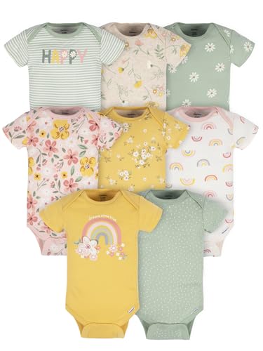 Gerber Baby Girls 8-pack Short Sleeve Onesies Bodysuits Shirt, Golden Floral, 3-6 Months US