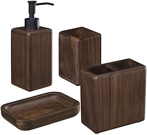 MIHIRO 4-Piece Bathroom Accessories Set, Wood Bathroom Vanity Countertop Accessory with Soap Dispenser, Toothbrush Holder, Bathroom Tumbler and Soap Dish, Waterproof Walnut,100% Solid Wood