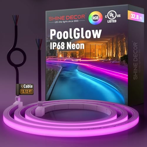 Image of Shine Decor IP68 Waterproof LED Strip Light, 24V Pool Rated Submersible Silicone Neon, UL Listed Underwater Outdoor LED Rope Light for Pool Fountain Waterfall Bathtub, 16x16mm, RGB, 32.8FT