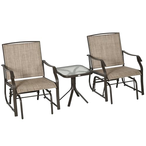 Outsunny 3 Piece Outdoor Glider Chair with Coffee Table Bistro Set, 2 Patio Rocking Swing Chairs with Breathable Sling Fabric, Glass Tabletop, for Backyard, Garden and Porch, Mixed Brown