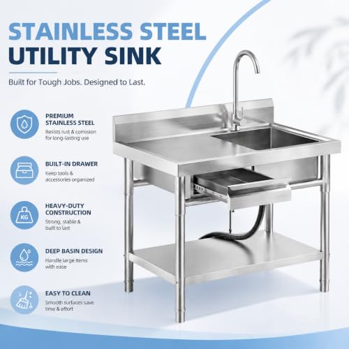 Image of 39 inch Stainless Steel Utility Sink with Workbench & Drawer, Laundry Sink
