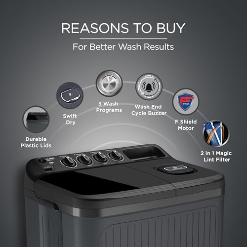 Image of Lloyd 7.5 kg 5 Star Semi Automatic Top Load Washing Machine |1300 RPM | Detergent Storage Zone | 3 Wash Programs | Swift Dry | Magic Filter, (GLWS755AODVG, Dark Grey)