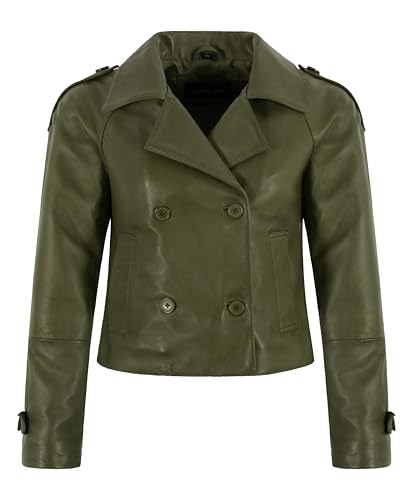 Veste trench courte femme cuir boutons coupe ajustée taille 36 olive