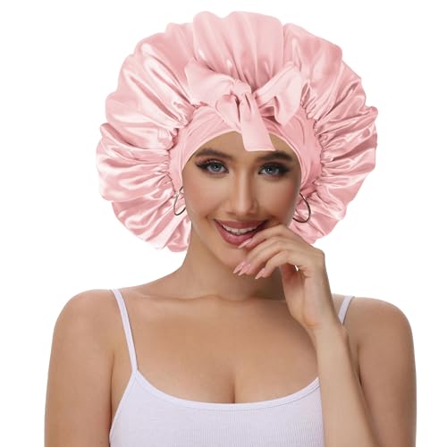 Vettres Silk Bonnet for Sleeping Straight Hair Double Layer Satin Bonnets with Tie Satin Hair Bonnet for Sleeping Pink Rose — view 2