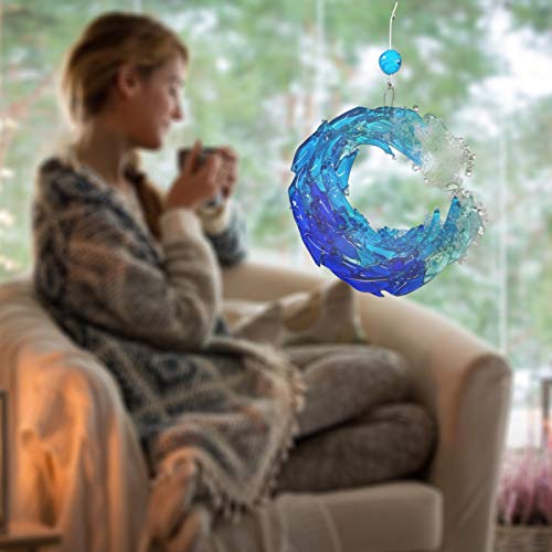 Fewear 5/8inch Fused Glass Crashing Ocean Wave Art, Fused Glass Ocean Suncatcher Ornament Glass Wave Sun Catcher, 2 Size (5inch)