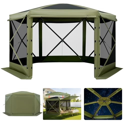 VEVOR Pop up Gazebo Screen Tent, 12 x 12 ft Large 6-Sided Camping Canopy Tent with Removable Top & Carry Bag, Quick-Set & Bite-Proof, Screen House Sun Shelter for 8-10 Persons Backyard Patio, Green