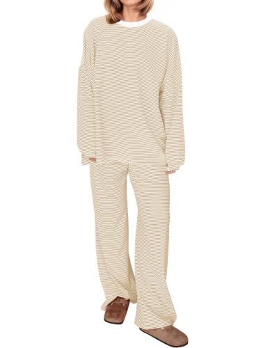 Image of MISSACTIVER Women's 2 Piece Striped Lounge Set Long Sleeve Oversized T-Shirt Wide Leg Pants Matching Pajamas Set