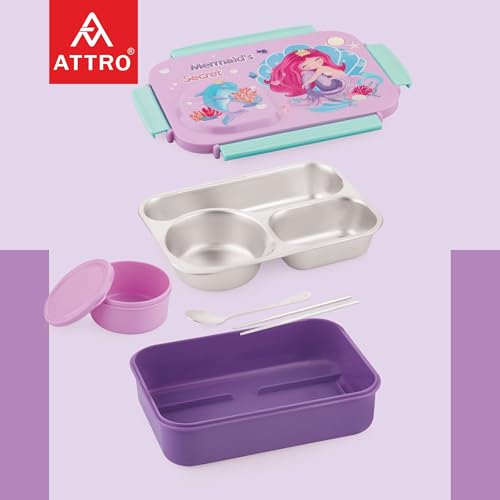Image of ATTRO School Bite Stainless Steel Lunch Box - 3 Compartment Bento Tiffin, Leak-Proof & Durable, Ideal for Kids, School, Picnic- 750ml+150ml, Pink Lavender- Princess Theme