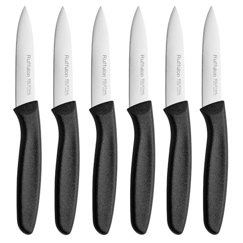 Ruffulon Straight Edge Paring Set of 6, Stainless Steel, Black Plastic Handle, Ultra Sharp for Peeling and Fruit, Rust Prevention