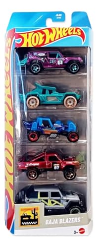 Image of Hot Wheels Car 2025 Baja Blazers Pack of 5 (Bull Whip, 87 Dodge D100, Ford Bronco R, Mountain Mauler, 17 Jeep Wrangler) Multi - Color, 3+ Years