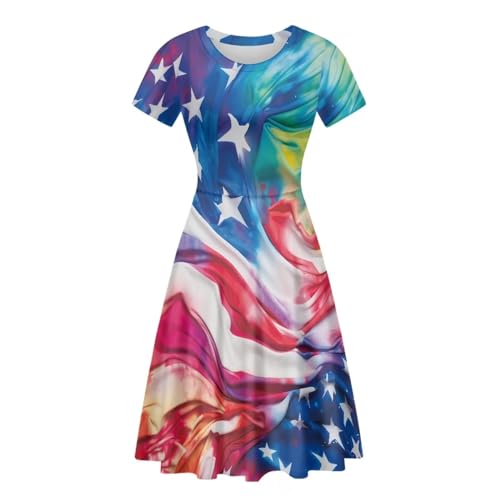 Image of POLERO Women Puffy Swing Elegant Party Midi Dresses Short Sleeve Round Neck A-Line Dress