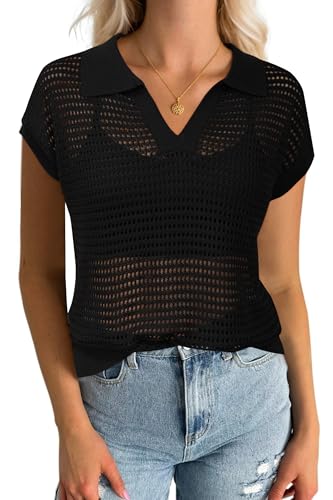Image of Arach&Cloz 2025 Women's Crochet Cap Sleeve Knit Tops Spring Summer Shirts Lightweight Collared Hollow Out Casual Blouses