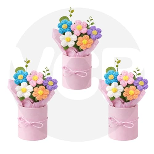 Image of VCR Handmade Mix Crochet Bouquet- Pack of 3 - Hand Woven Knitted Artificial Hand Knitted Bouquet Flower for Office Desk, Table, Car, Bedroom, Wedding & Special Occasions