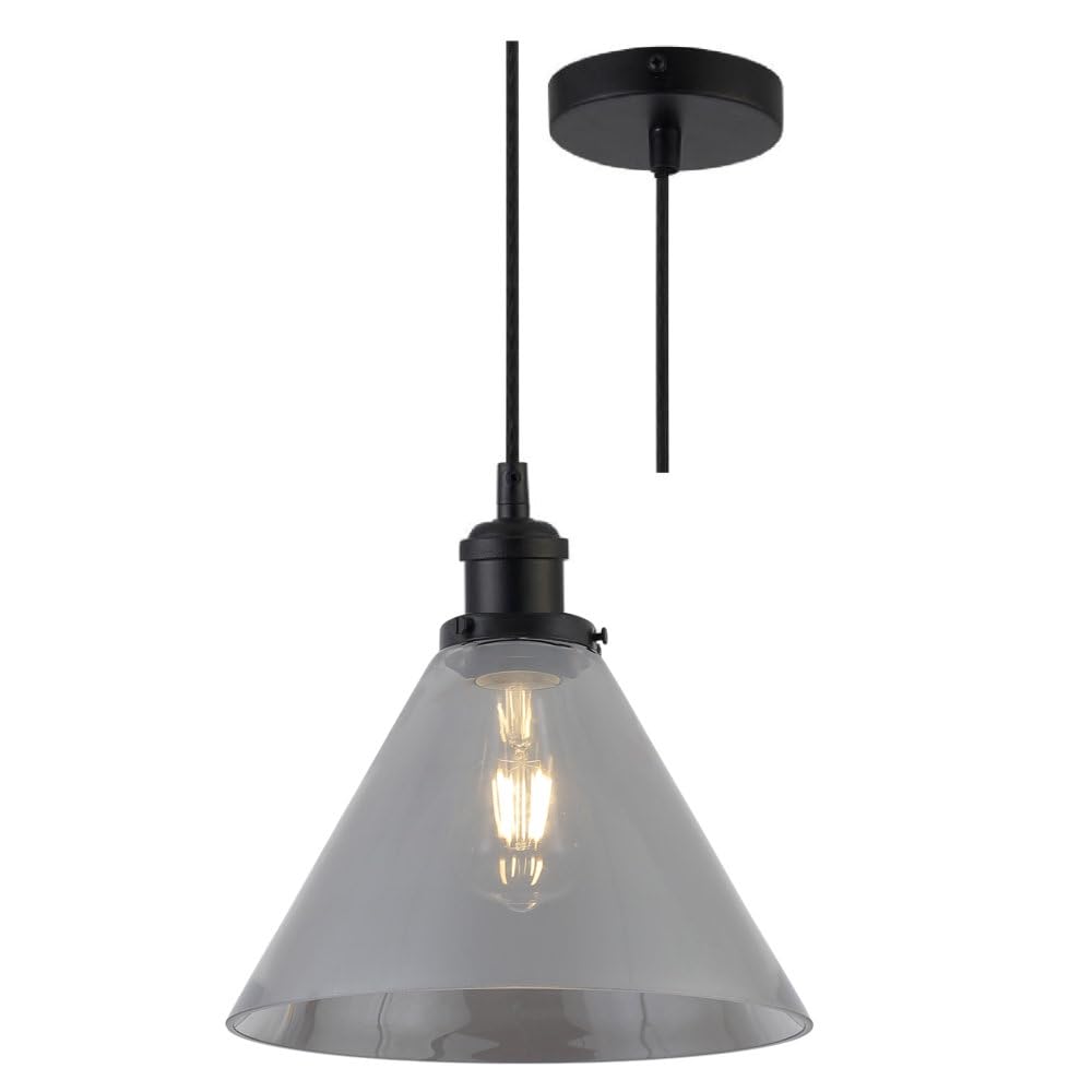 Britalia Matt Black & Smoked Tapered Pyramid Glass Vintage Retro Pendant Ceiling Light | 25cm Diameter | Black Braided Cable | 1 x ES E27 Lamp Bulb Required | 240 Volts | Bedroom - Lounge - Kitchen