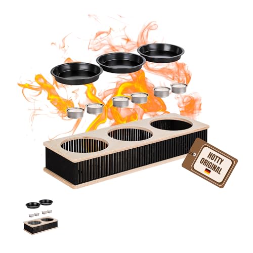 Hotty – Tapas Warmhalteplatte L mit 3 runden Grillschalen - Warmhaltebehälter für Speisen aus Holz - Grillgut Stövchen für Teelichter mit Holzdesign – Speisenwärmer Warmhaltebehälter für Grillpartys