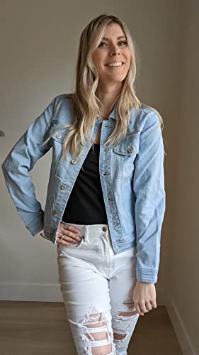Vetinee Women's Azure Mood Basic Stretch Fitted Casual Button Down Truker Denim Jacket Long Sleeve Pockets Jean Coat Medium #TOP4